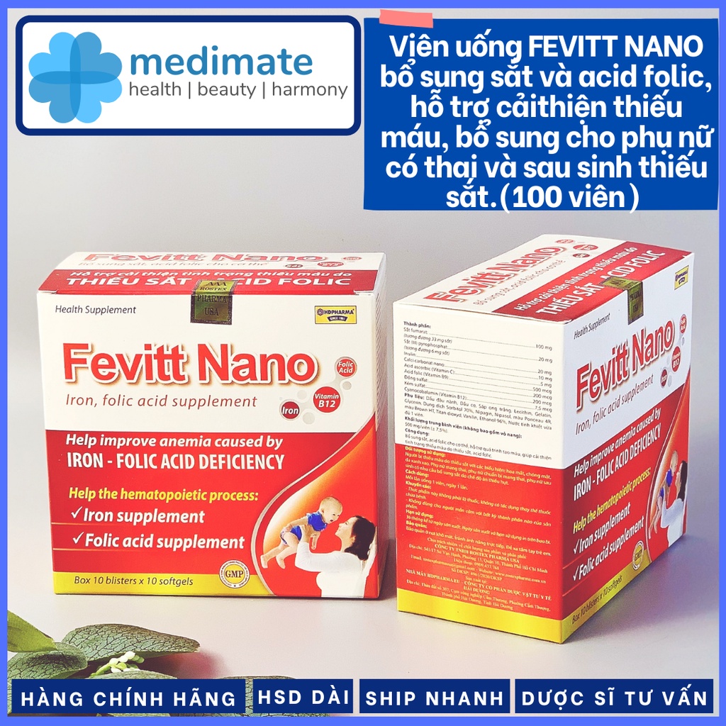 Viên uống FEVITT NANO bổ sung sắt và acid folic (Hộp 100 viên)