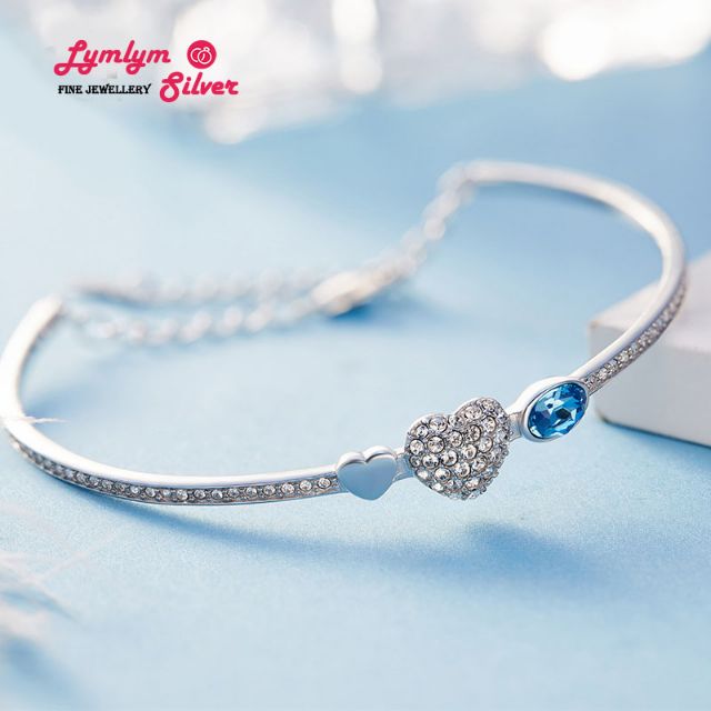 LẮC TAY NỮ BẠC Ý 925 DẠNG KIỀNG ĐẶC RUỘT ĐÍNH PHA LÊ SWAROVSKI XANH - TẶNG KÈM KHĂN LAU BẠC