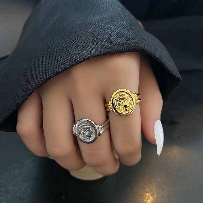 Nhẫn Chân Dung Tròn Màu Vàng / Bạc Phong Cách Gothic Đơn Giản Tùy Chỉnh Thời Trang Cho Nam Và Nữ