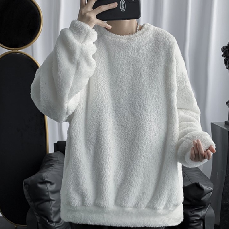 【S-3XL】Áo Sweater nỉ cổ tròn dáng rộng màu trơn giữ ấm mùa đông thời trang cho nam