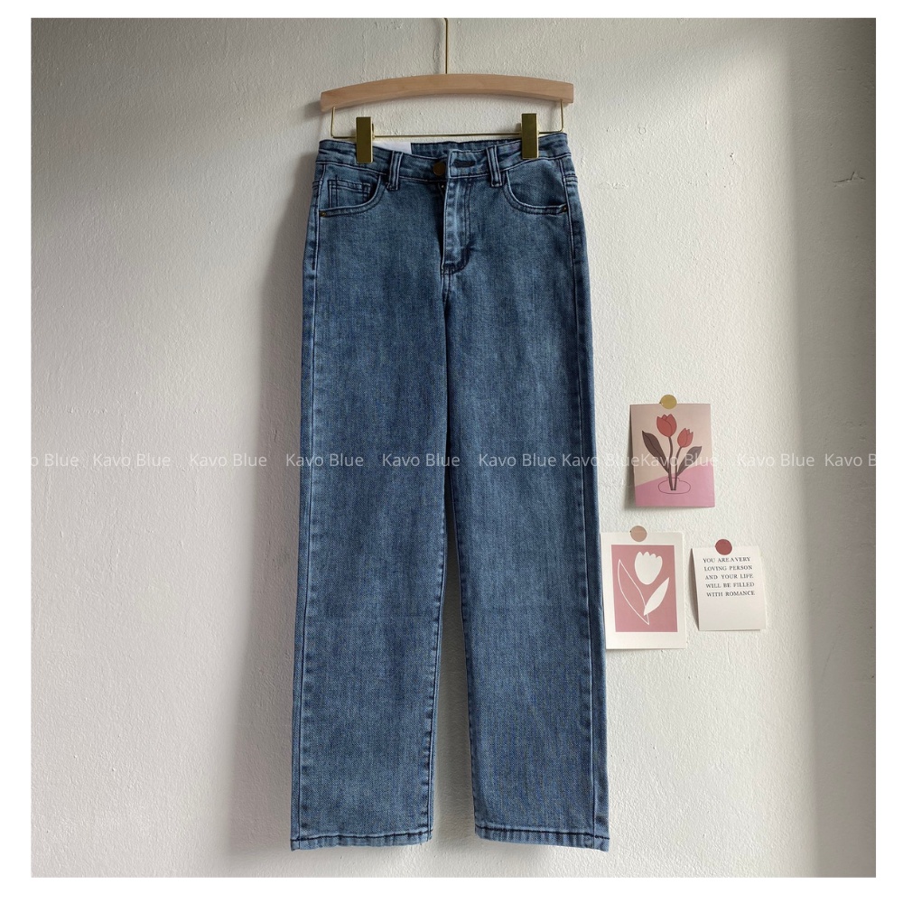 Quần Jeans Nữ Ống Đứng Co Giãn Hàn Quốc KAVO BLUE Lưng Cao Ống Suông Ghi Đá D61