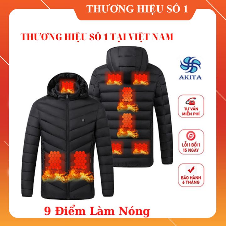 Áo Sưởi Akita Nhật Bản 9 Điểm Nóng Kết Nối Với Sạc Dự Phòng Điện Thoại Kiểu Dài Tay