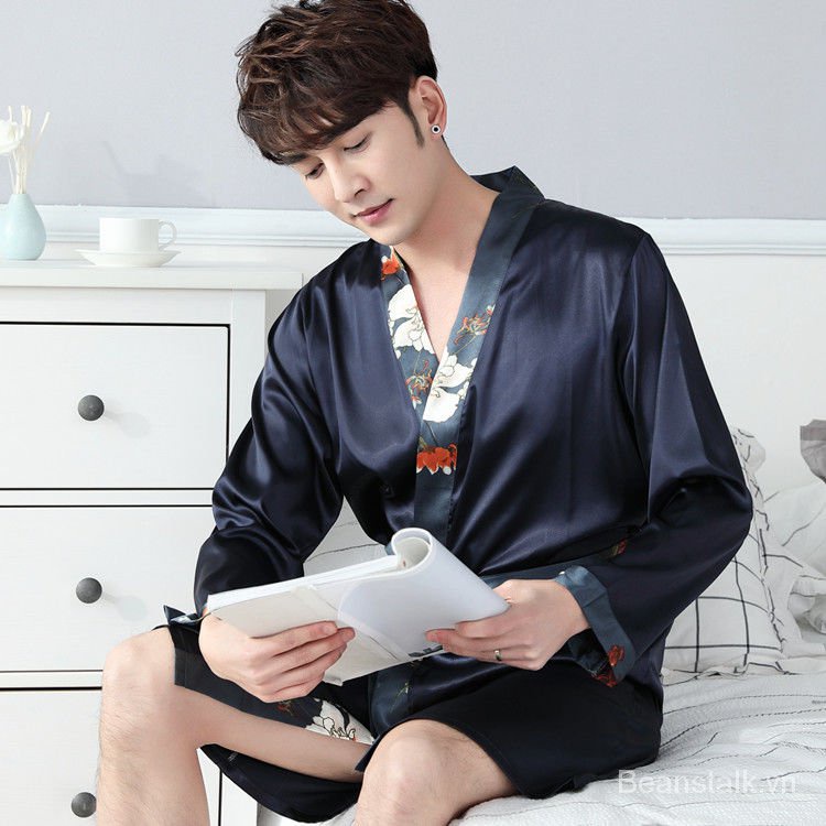 Áo choàng tắm tay dài bằng lụa lạnh mỏng thời trang xuân thu cho nam 4T4g