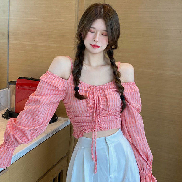 Girls' Early Autumn New Style Fresh Sweet Off-shoulder Crop Top