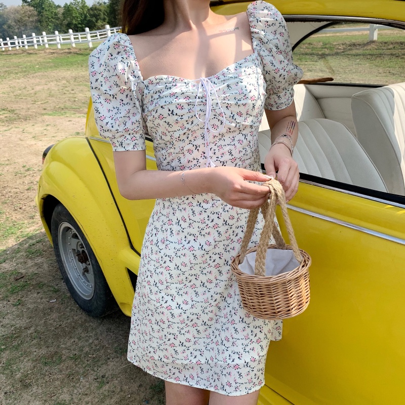Đầm ngắn tay bằng voan họa tiết hoa phong cách retro Hàn Quốc thời trang dành cho nữ