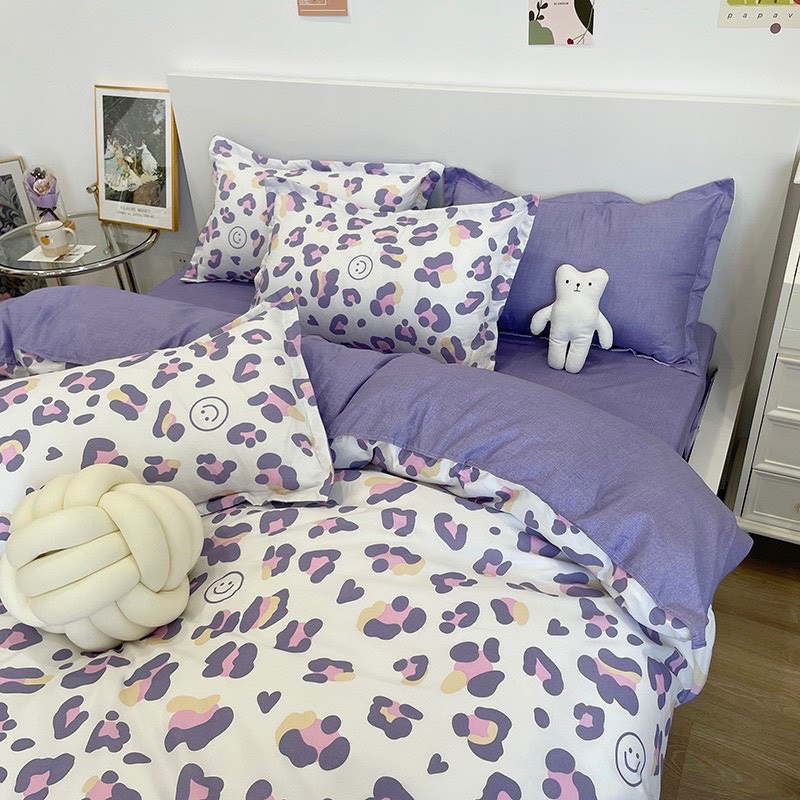 Bộ chăn ga gối da báo tím cotton 3D moexu mềm mịn thoáng mát hoạt tiết sắc nét dễ thương có nhiều size