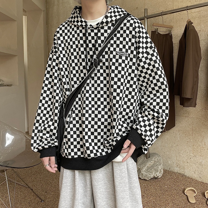 Áo khoác hoodie dài tay họa tiết sọc caro phong cách Hong Kong dành cho nam 2021