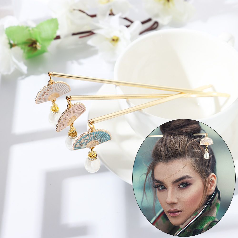 Trâm cài tóc hình quạt đính ngọc trai giả cổ điển phong cách Trung Hoa
