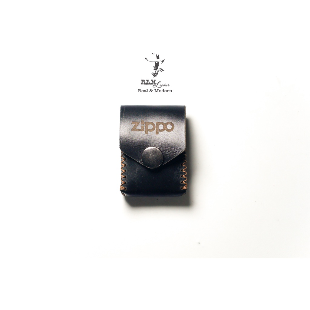 Bao da Zippo Da Bò Thật Màu Đen Bóng - Chính Hãng Ram Leather