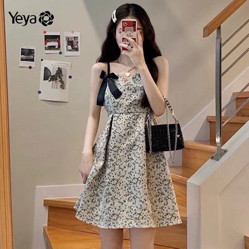 Đầm YEYA không tay hở vai thắt nơ in họa tiết thời trang quyến rũ dành cho nữ