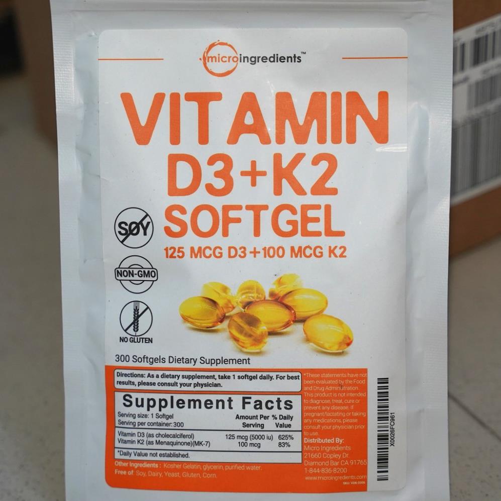 Micro Ingredients Vitamin D3 + K2  - Thực Phẩm Bổ Sung Tăng Sức Đề Kháng, Hệ Miễn Dịch, Săn Chắc Xương