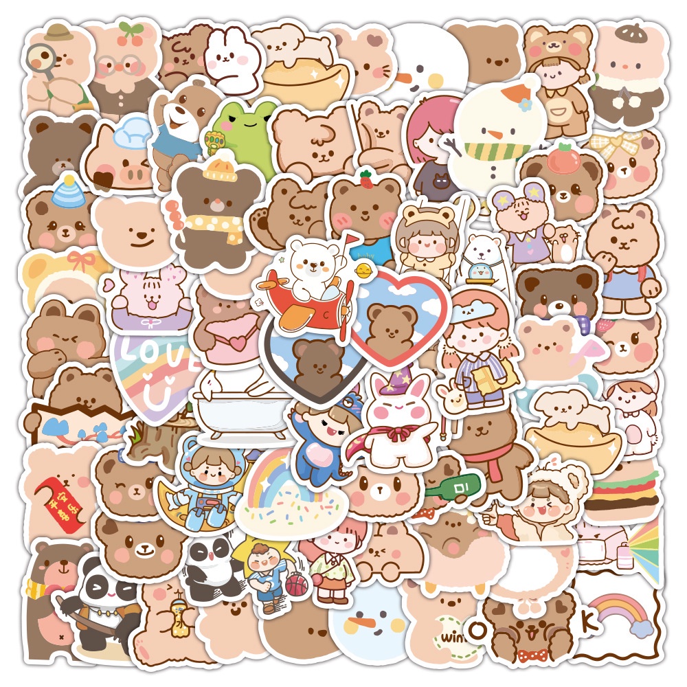 Set 100 sticker hình dán gấu nâu dễ thương chống thấm nước