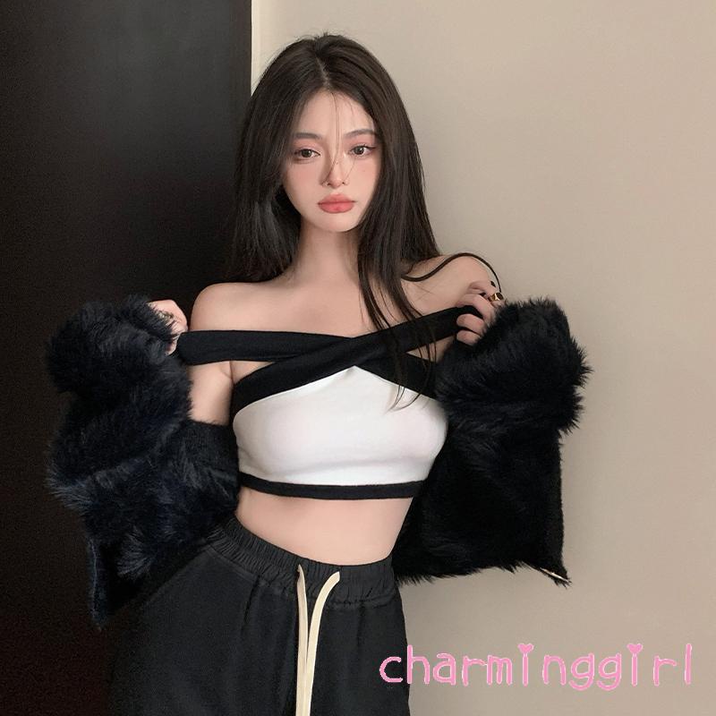 QAQ-Women´s Midriff-baring Tank Tops Black White Color Matching Cross Hanging Neck Off Shoulder Sleeveless Slim Tops