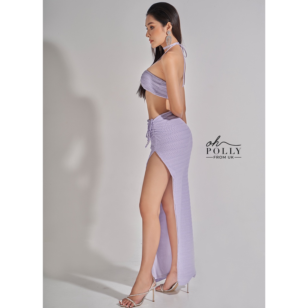 Oh Polly - Set áo croptop len móc rút dây, áo cổ yếm và váy maxi dài, chân váy xẻ tà
