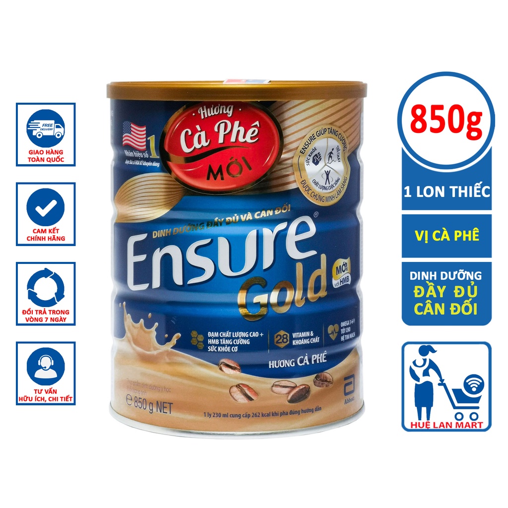 Sữa bột abbott Ensure gold HMB hương vani ít đường, lúa mạch, cà phê, hạnh nhân hộp 850g