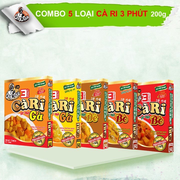 Combo 5 Loại Cà Ri 3 Phút: Gà Cay, Gà Không Cay, Bò Cay, Bò Không Cay, Dê Ông Chà Và