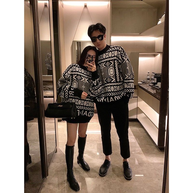 Áo khoác len dày họa tiết kẻ sọc thời trang thu đông 2021 cho nam và nữ