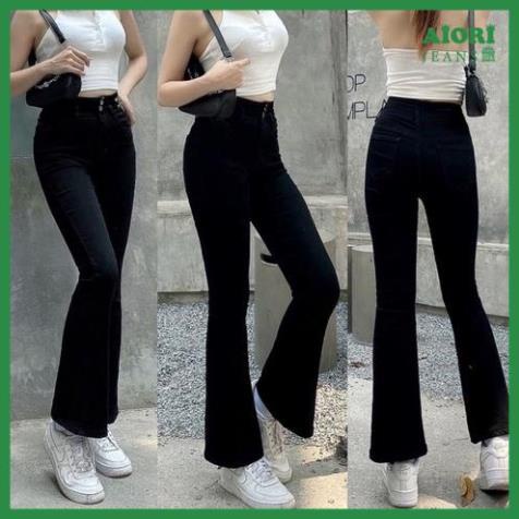 SALE Quần Jean Nữ AIORI Ống Loe Lưng Cao Trơn Màu Đen Bass Cạp Cao Jeans Cotton Thoáng Mát, Mềm Mịn, Thời Trang Hàn Quốc