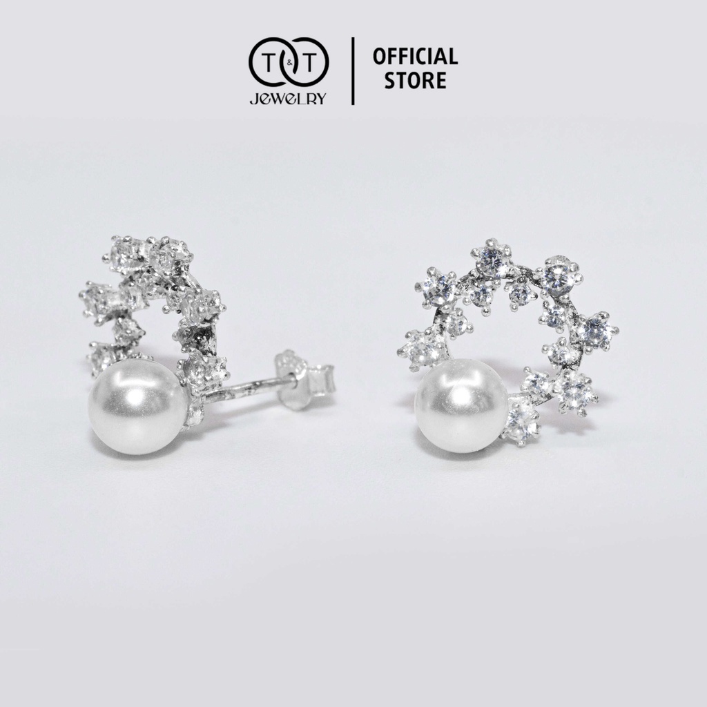 Bông Tai Bạc Ý kèm Ngọc Trai Nhân Tạo Xen Đá CZ T&amp;T Jewelry cao cấp cho nữ BT013