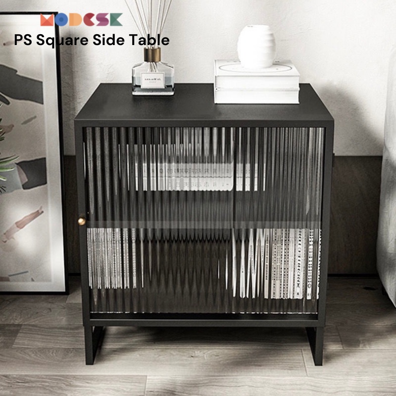 Kệ Sofa -đầu giường Modesk PS Square Side Cabinet sắt sơn tĩnh điện, kính cường lực sọc