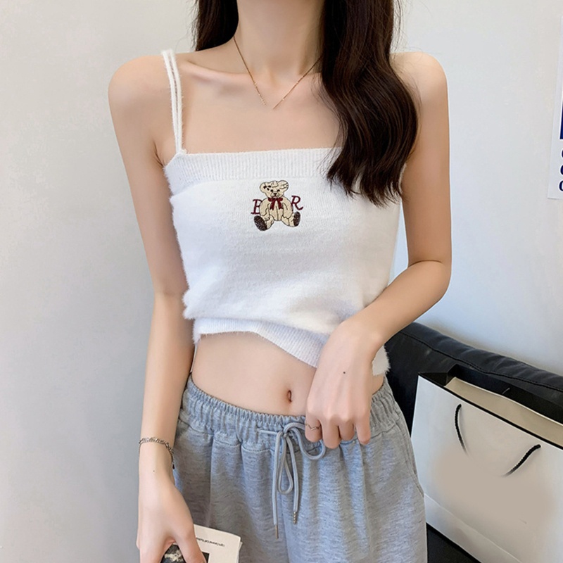Áo Croptop Hai Dây Dệt Kim Thêu Hình Gấu Hoạt Hình Dễ Thương Cho Nữ