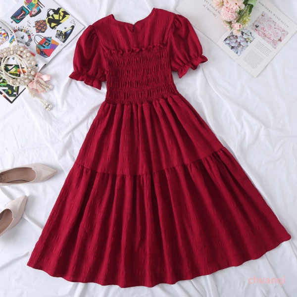 New Puff Sleeve Large Swing Skirt Women's Thin Waist A-line Skirt French Ruffled Versatile Dress