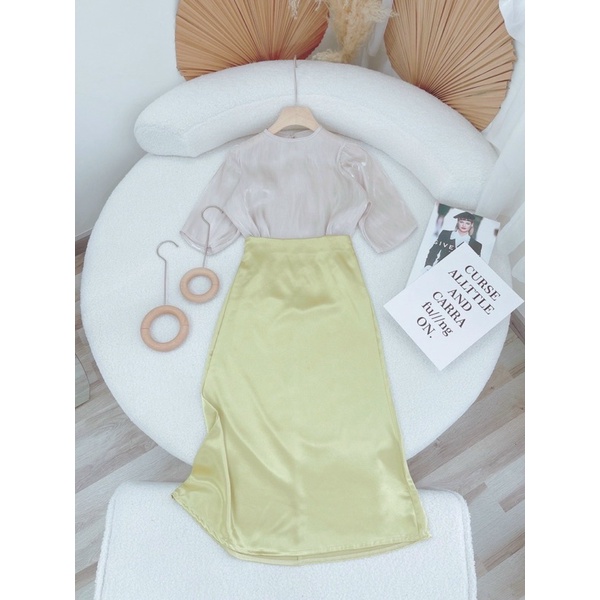 SET LỤA ÁO TAY LỠ + CVAY MIDI XANH