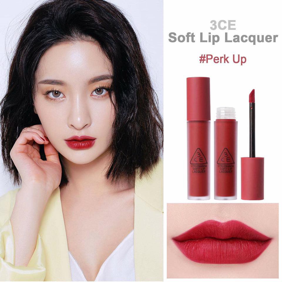 Son 3CE Soft Lip Lacquer Perk up đỏ hồng trầm màu