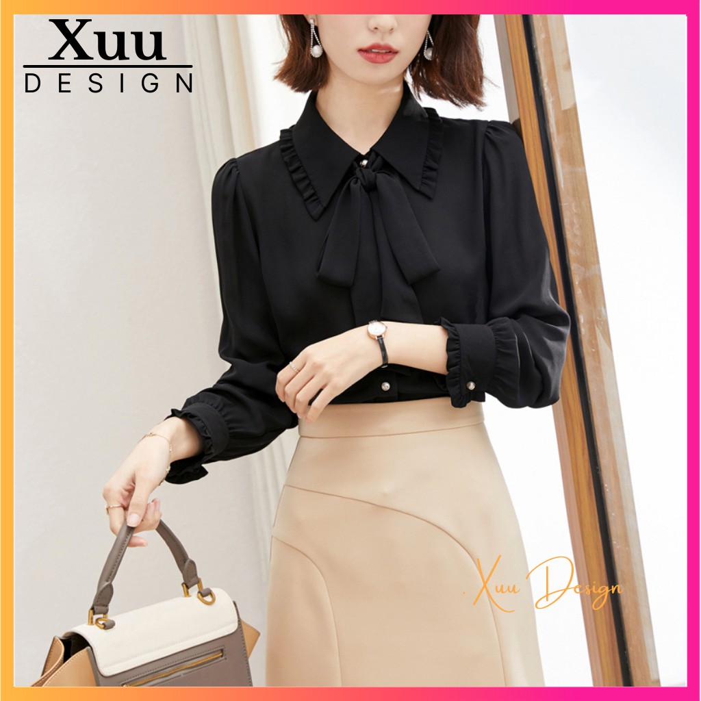 Áo sơ mi nữ Wexuu Design áo kiểu nữ thắt nơ tiểu thư thời trang công sở chất vải đẹp- Xu03 Đen