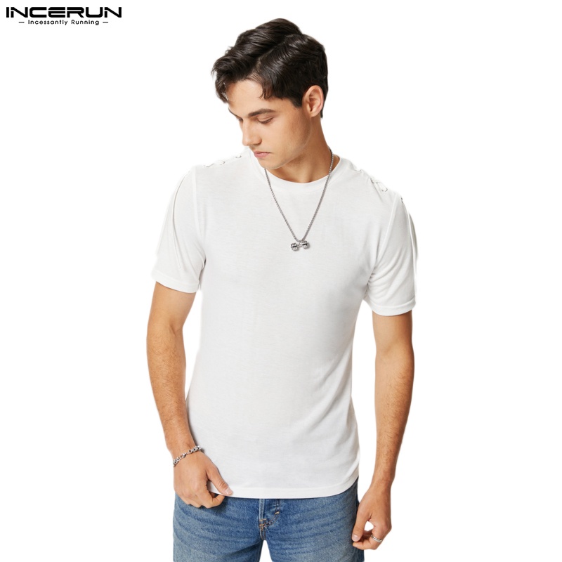INCERUN Áo nam Ngắn Tay Cổ Tròn Cột Dây Màu Trắng