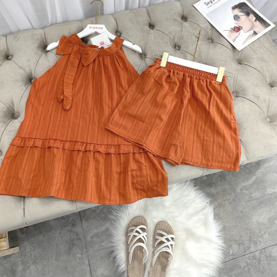 Set Yếm Nơ Vai Màu Cam Mix Quần Sooc | BigBuy360 - bigbuy360.vn