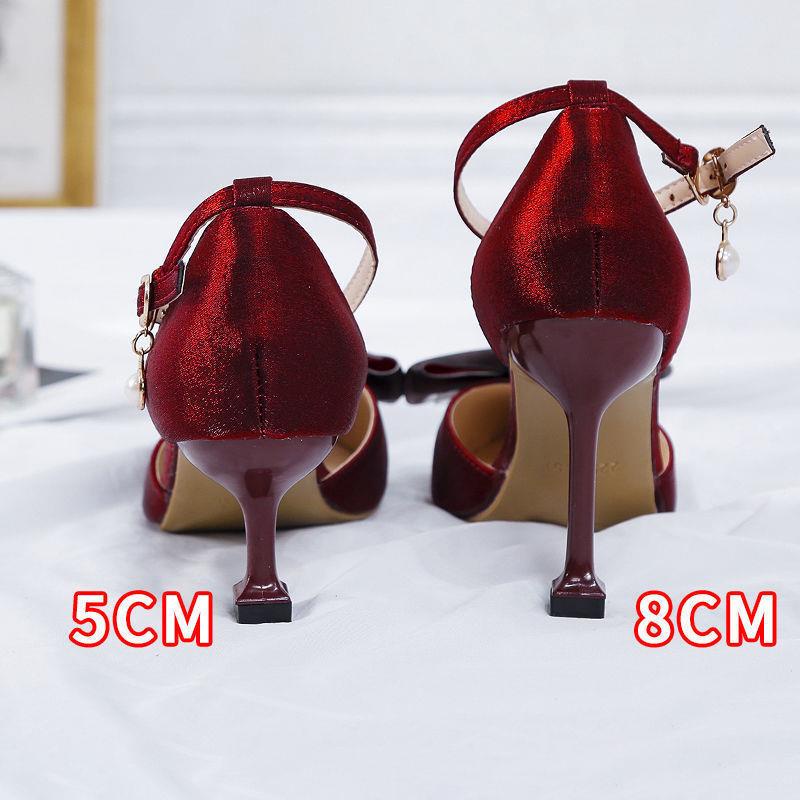 Giày Cao Gót Mũi Nhọn Cài Khóa Chất Liệu satin Màu Đỏ Rượu Thời Trang Quyến Rũ Cho Nữ