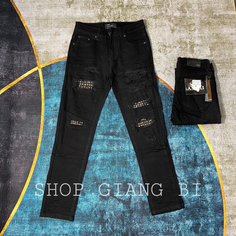 Quần jean nam đính đá to dáng slimfit,quần bò nam đính đá amiri rách xước khâu viền phần vá