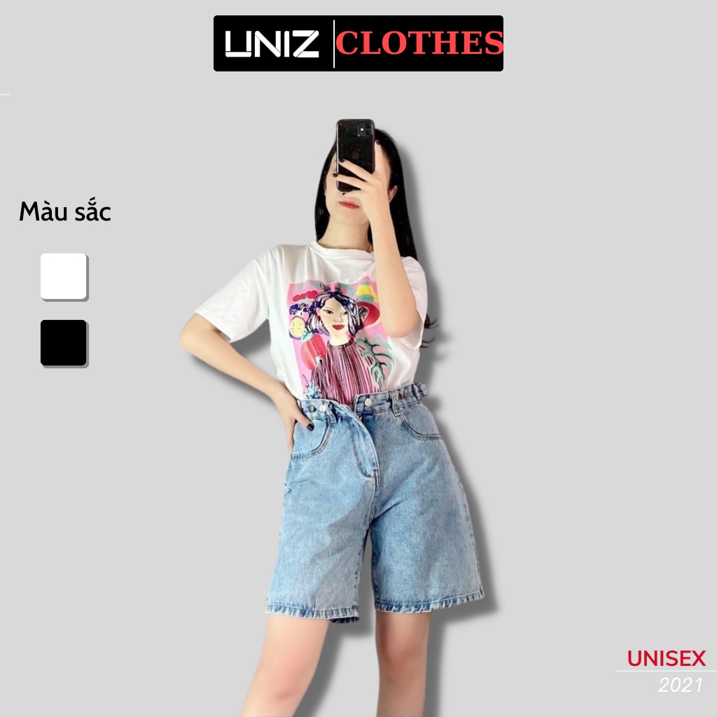 Áo Phông Nữ Hình Cô Gái UNIZ (3 Kiểu), Unisex, Dáng Dài, Cộc tay, Cổ Tròn, Form Rộng, Vải Cotton, In Hình CHỐNG BONG
