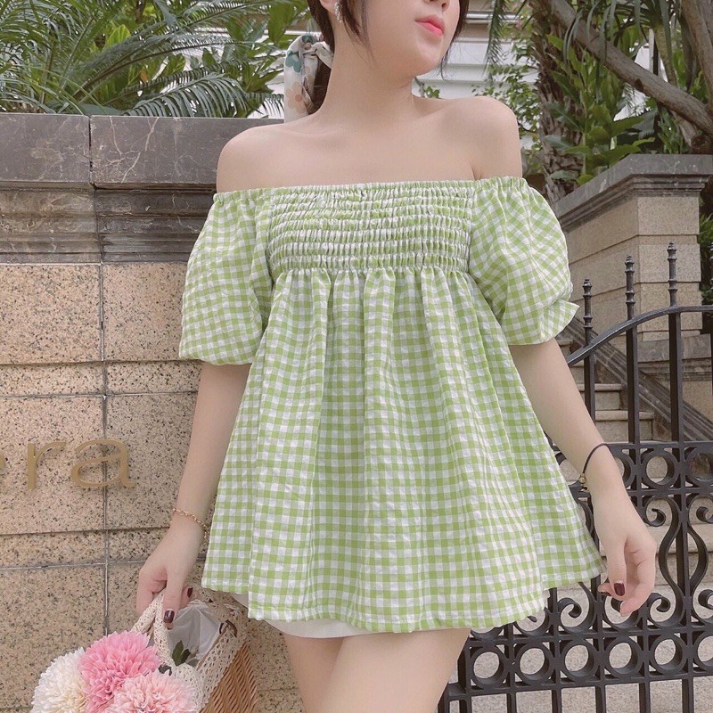 áo kiểu sọc kẻ caro nhúm ngực ngắn tay
