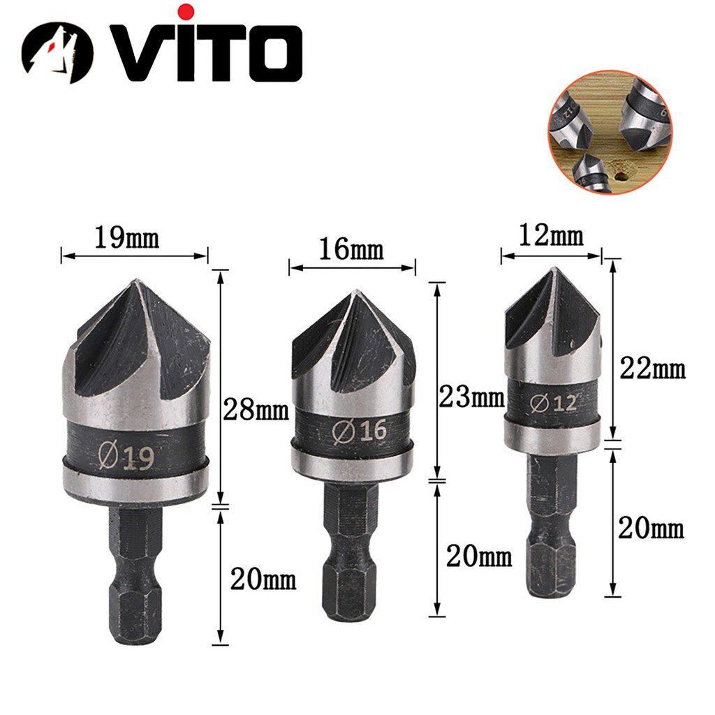 Bộ 3 Mũi Doa Âm Miệng Lỗ Bắt Âm Vít 12-16-19mm VITO 5 Lưỡi Phay Chuôi Lục Giác