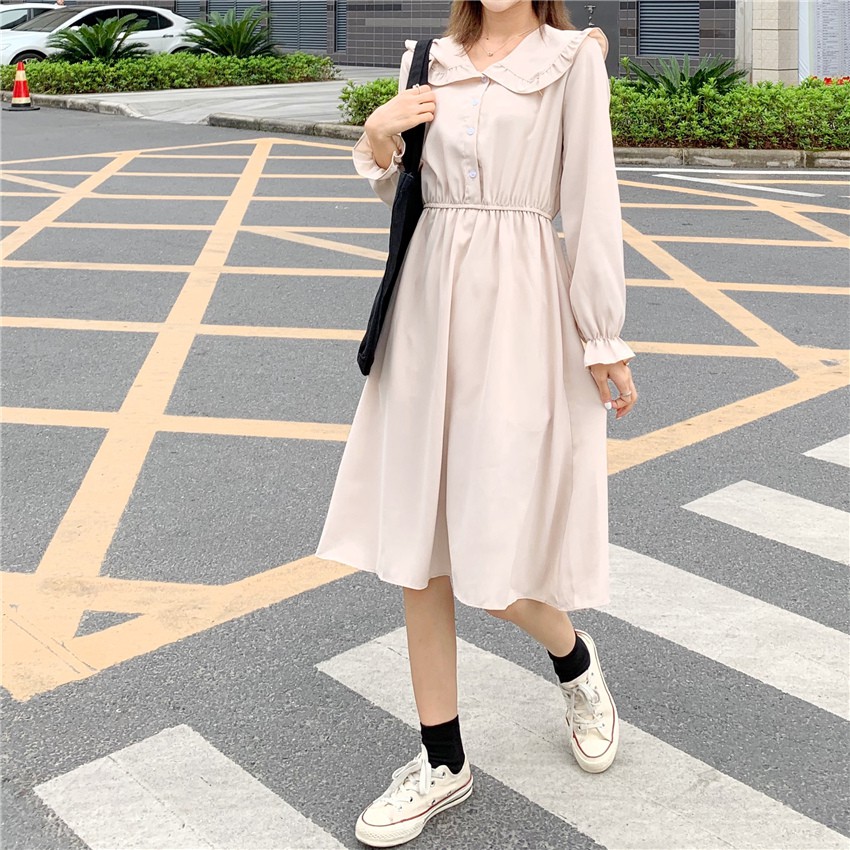 🌸Xả Có Hạn🌸Đầm Trắng Tay Dài Phối Cúc Xinh Xắn Theo Phong Cách Hàn Quốc