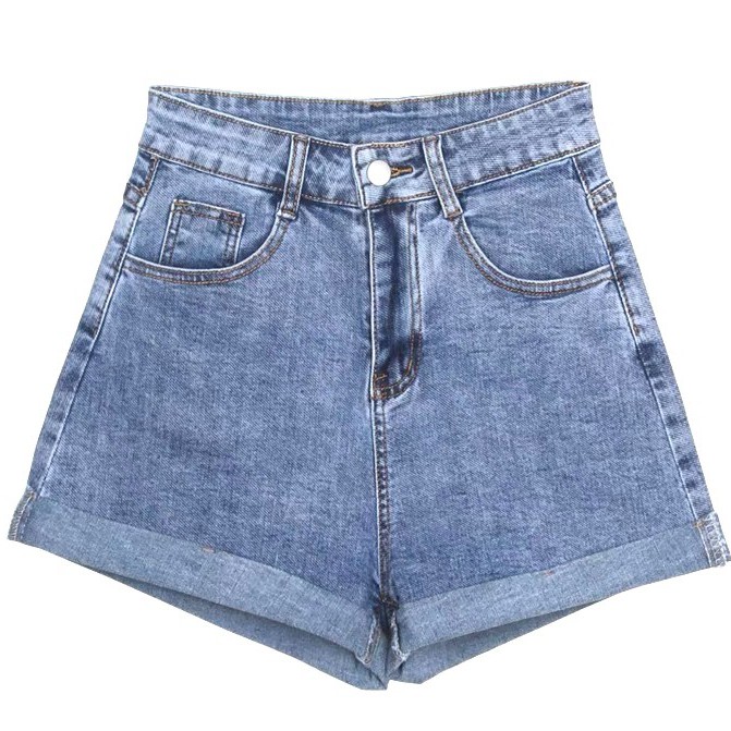 Quần short jean nữ BigSize lưng cao trên rốn, co dãn mạnh, xăn lai, màu xanh nhạt rách kiểu dành cho người mập 3868