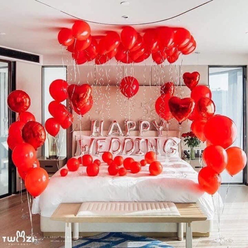 Set Bóng HAPPY Wedding Tim Sao 30 Bóng Tặng 1Bơm 1keo Dán,1Ruy Băng