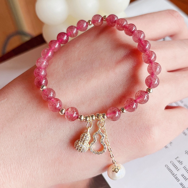 [Hàng Mới Về] Vòng Tay Treo Đính Pha Lê Hồng Họa Tiết Quả Dâu/ Hồ Lô Thời Trang Mùa Hè Cho Nữ