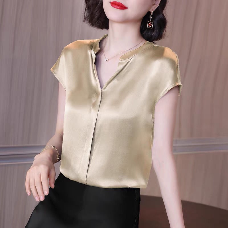 Áo voan cổ chữ v tay ngắn dáng rộng thời trang mùa hè dành cho nữ trung niên