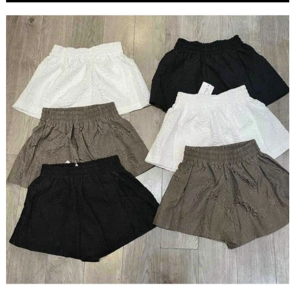 Quần short nữ dập nổi 3D xốp phồng hàng đẹp, Quần short nữ cạp chun lưng cao ống rộng vải xốp phồng nữ in hoa vân