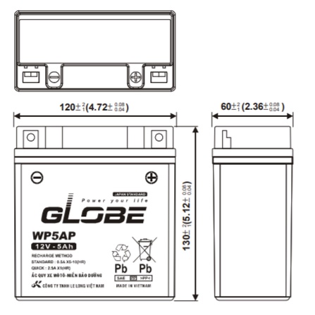 🍎 CHÍNH HÃNG 🍎 Ắc Quy Khô xe máy Dream, Wave, Future GLOBE WP5AP (12V-5AH), DATE mới 100%, VAT.