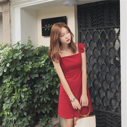 Đầm nữ 2s cánh tiên đỏ cổ vuông váy xòe quyến rũ siêu tôn dáng HIJUNE VD12