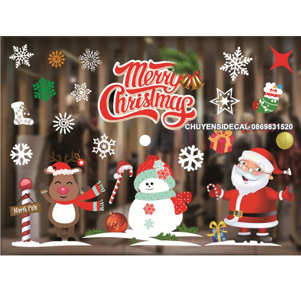 Decal Trang Trí Noel Hai Mặt Hít Tĩnh Điện Không Dơ Kính-Tuần lộc người tuyết ông noel
