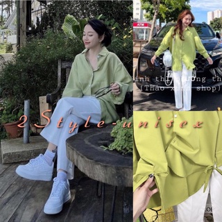 Set quần kaki trắng mix áo sơ mi xanh lá / Set bộ dài tay chất đũi phong cách Hàn Quốc