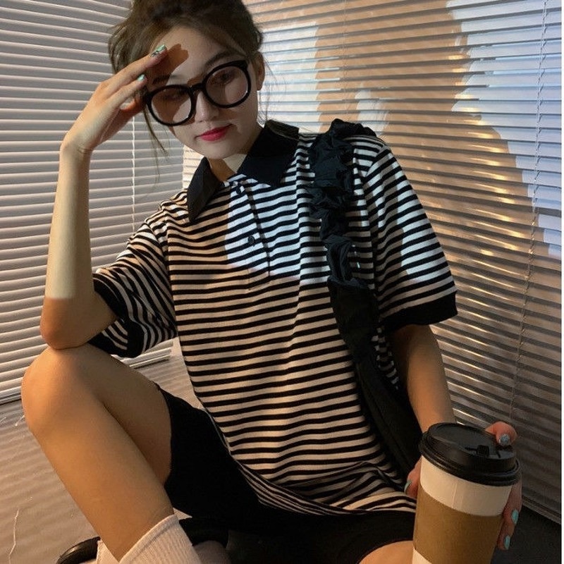 Áo Thun Tay Lửng Họa Tiết Sọc Đen Trắng Thời Trang Dành Cho Nữ