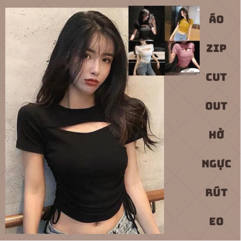 Áo Zip Hở Ngực Rút Eo 5 Màu