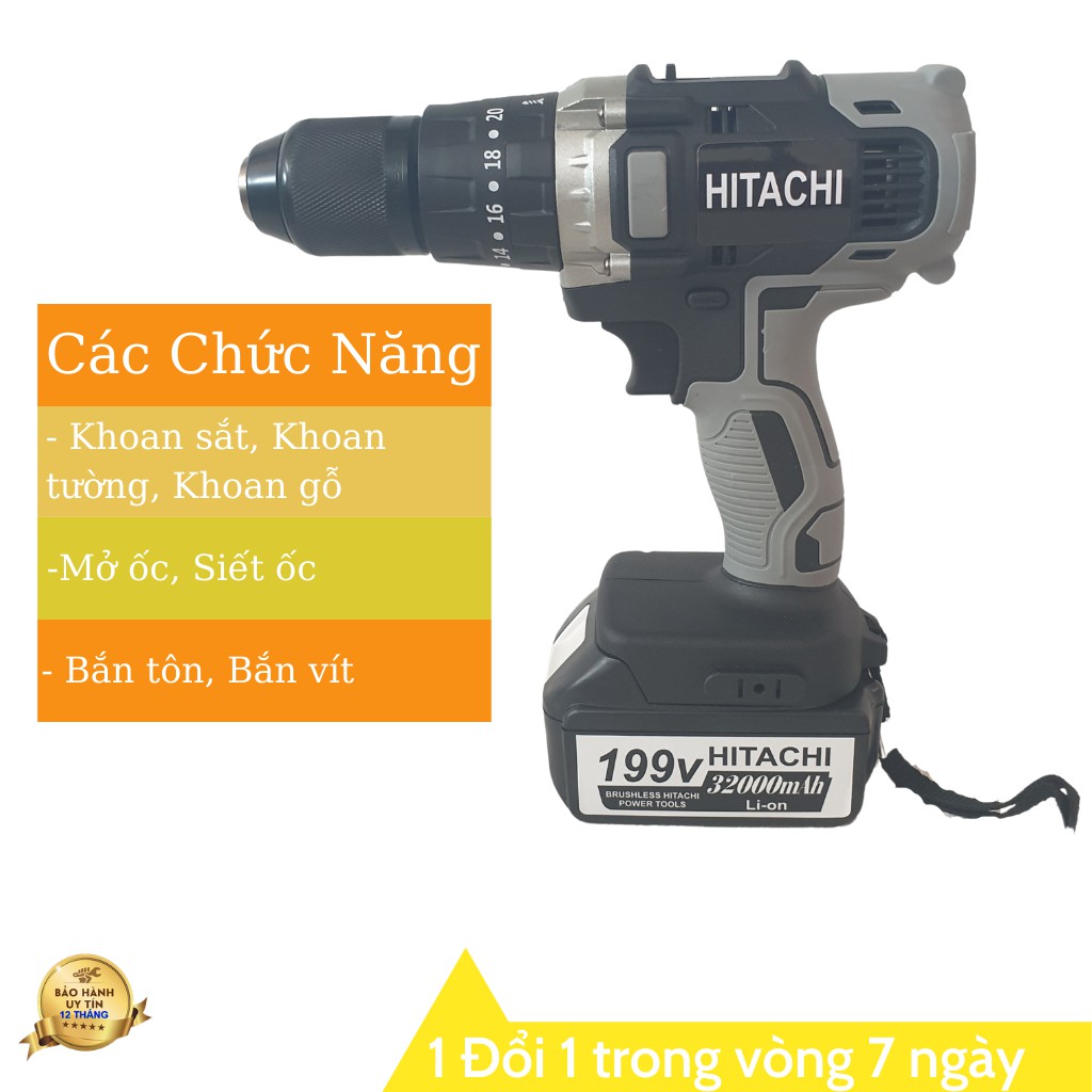 áy khoan pin 118V Hitachi 3 chức năng có búa - Động cơ 775 siêu mạnh mẽ, Tặng 21 chi tiết