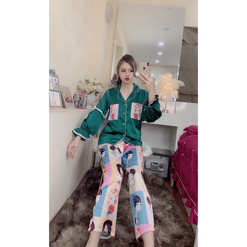 Bộ Pijama Lụa Satin Cô Gái Dài Tay